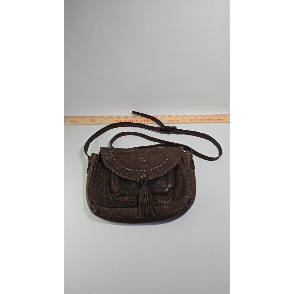 Patricia Nash Brown Leather Studded Shoulder Handbag Purse Hippie With Tassel